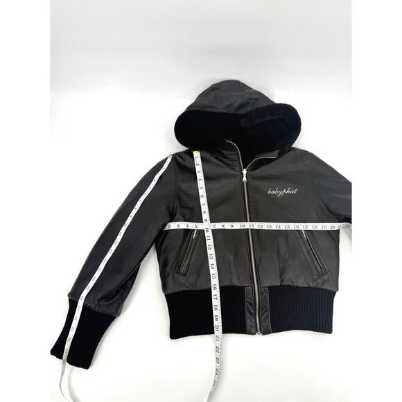 VTG Baby Phat Jacket Womens Large Black Leather Hood Fleece Lined Coat Y2K READ - Picture 8 of 16